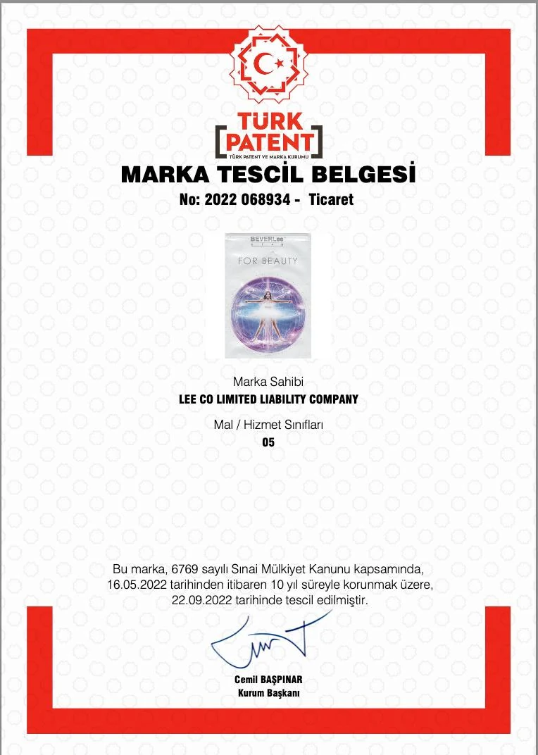 Beverlee Türkiye Marka 5 marka tescil belgesi